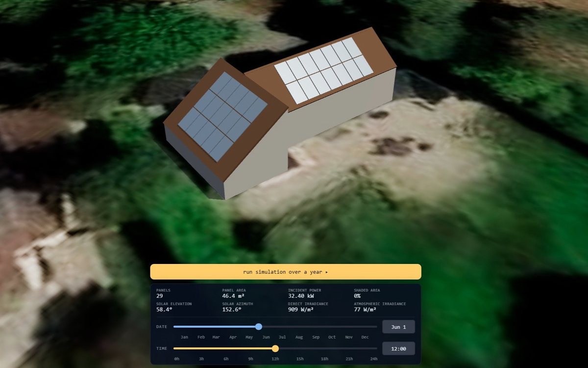 The simulator showing a 3D house with two solar arrays on its pitched roofs, sitting over satellite imagery of the surrounding garden, with readouts below for panel count, incident power, shaded area and solar elevation, plus date and time sliders.